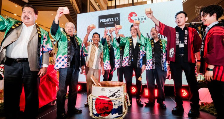 Prime Cuts by Doubleday, Ito Ranch, and Teppanya executives raise a toast with sake to mark the launch of Ito Ranch Matsusaka Beef