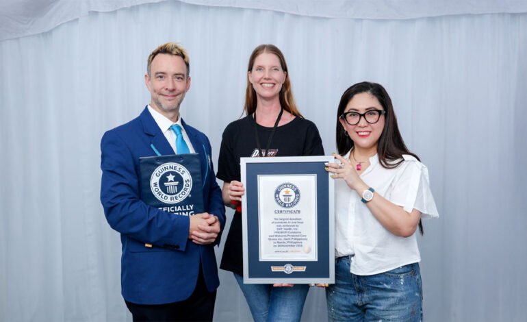 Watsons Philippines and Premiere Condoms successfully set a new Guinness World Records™ title for the Largest Donation of Condoms in One Hour at the Protected & Proud Concert. (L–R: Justin Patterson, Official Adjudicator, Guinness World Records; Denise van Dijk, President and CEO, DKT Health Inc.; Joweeh Liao, Director for Health Business Unit, Finance, Property, and Store Development, Watsons Philippines)