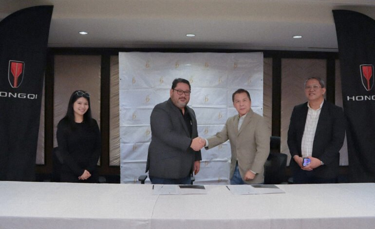Justine Delacerna, Assistant Director for Group Marketing of The Bellevue Manila; John Patrick Chan, Managing Director of The Bellevue Manila; David Zaballero, Vice President and General Manager of Hongqi Philippines; and Brian Badilla, Sales and Marketing Head of Hongqi Philippines, sealing the partnership with a ceremonial handshake during the signing.