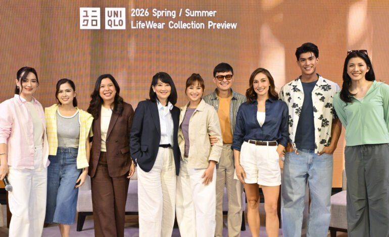 UNIQLO presents their newest 2026 Spring/Summer collection through bringing together their newest line-up of local celebrity partners, representing different product categories. At the event are (L-R): host Nicole Anderson, Alexa Ilacad, UNIQLO Marketing Director Jan Ang, UNIQLO Chief Operating Officer Geraldine Sia, Sarah Geronimo, Matteo Guidicelli, Solenn Heussaff, Anthony Constantino, and Kianna Dy.